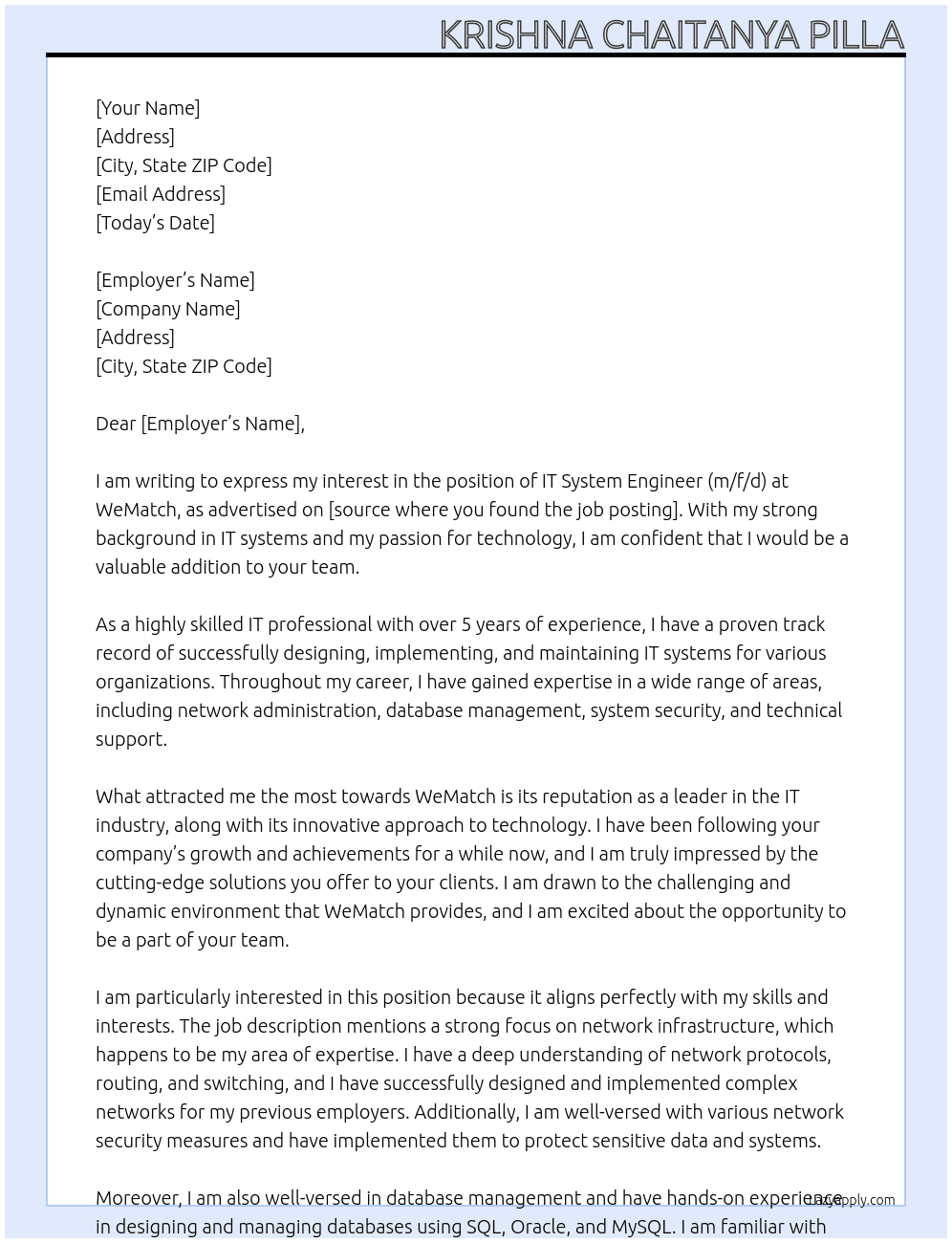 IT System Engineer (m/f/d)  At WeMatch Cover Letter