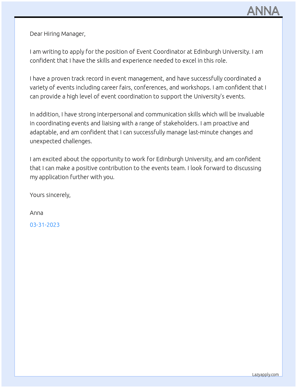 Event Coordinator  At Edinburgh University Cover Letter