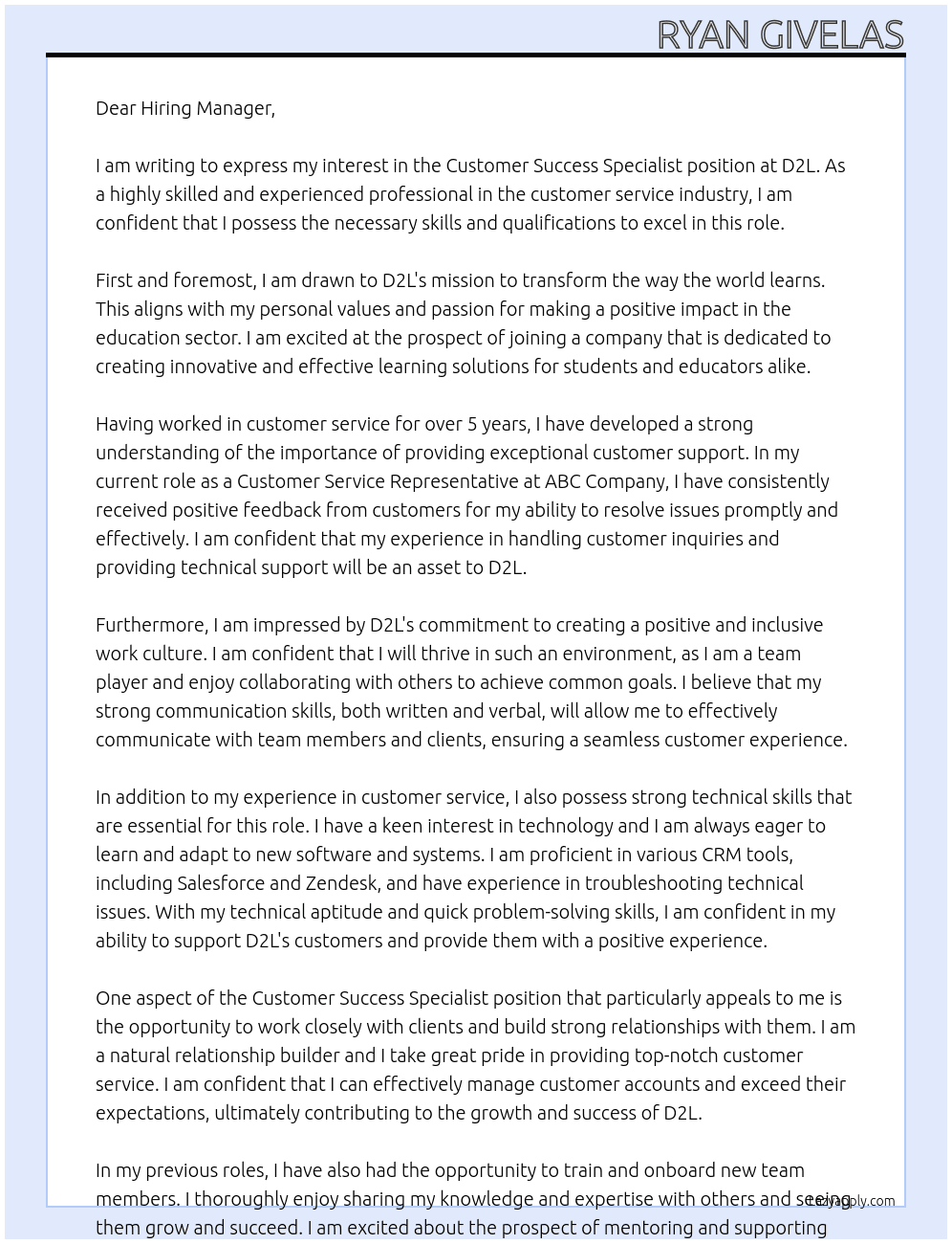 Customer Success Specialist At D2L Cover Letter