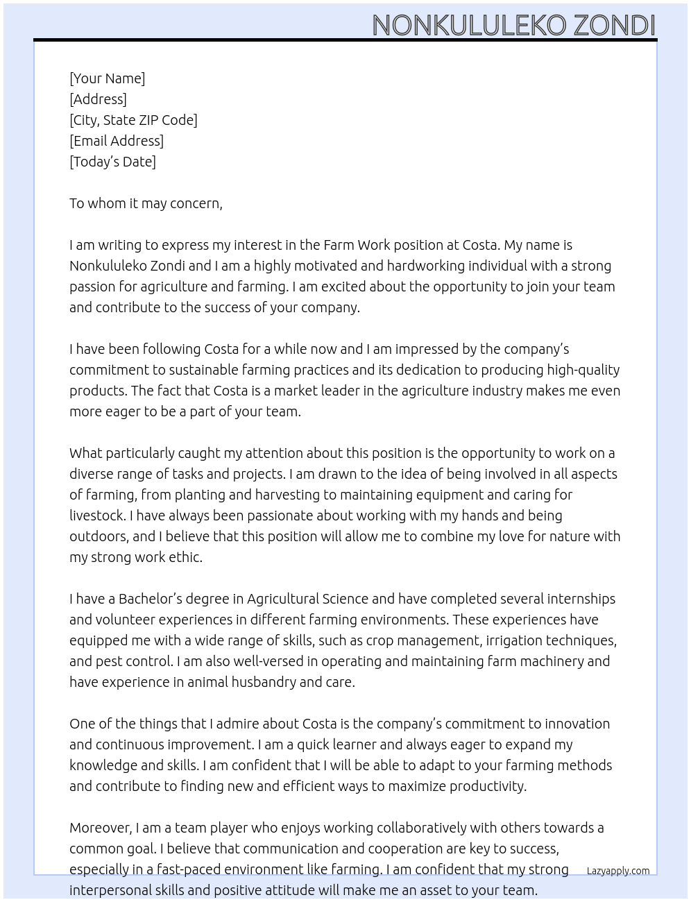 Farm work At Costa Cover Letter