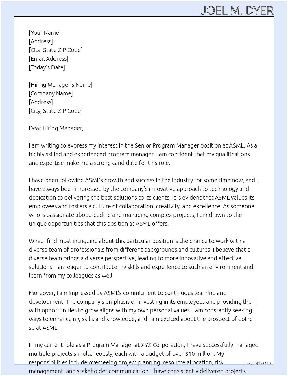Senior Program Manager At ASML Cover Letter