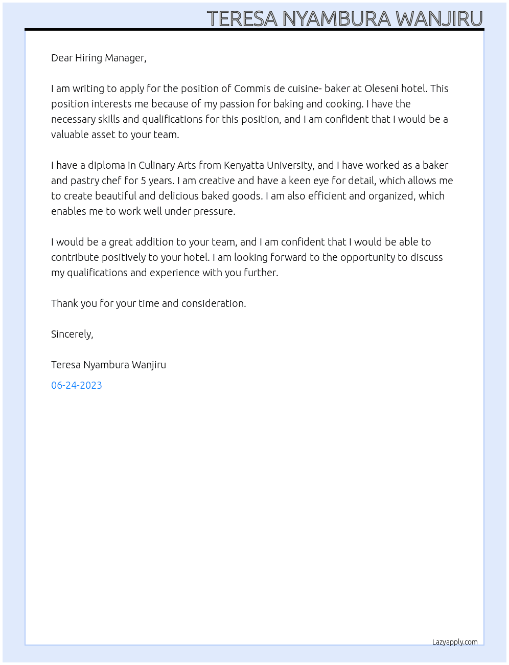 Commis de cuisine- baker At Oleseni hotel Cover Letter