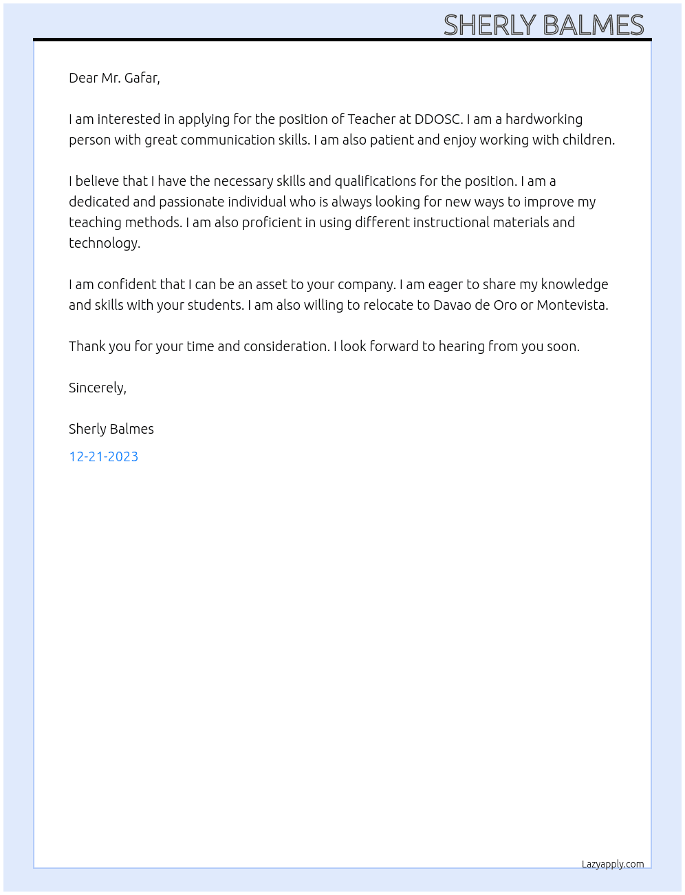 Teacher  At DDOSC Cover Letter