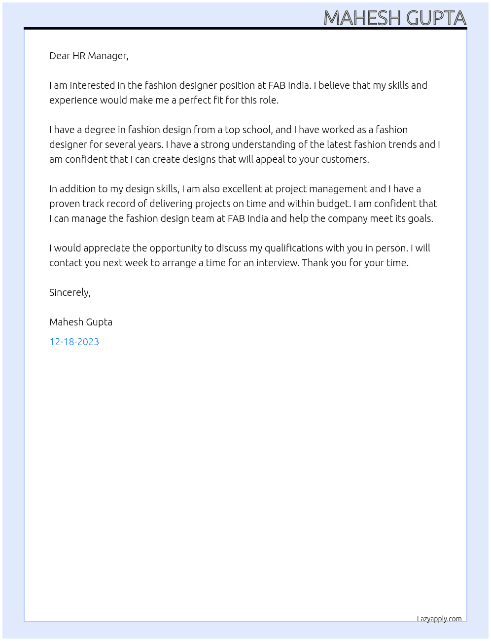 Fashion designer  At FAB India Cover Letter