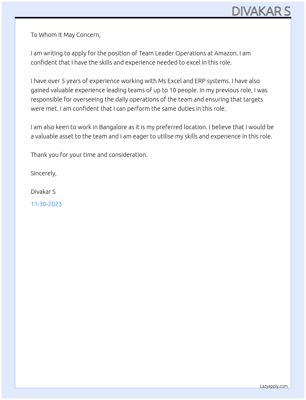 Team leader operations  At Amazon Cover Letter