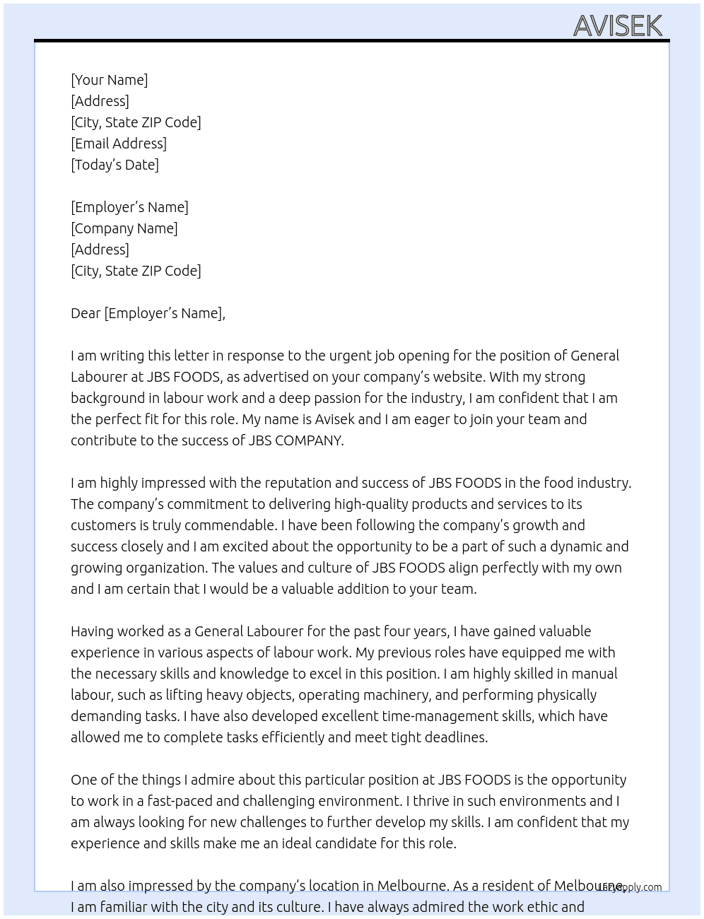 General labourer  At JBS FOODS  Cover Letter