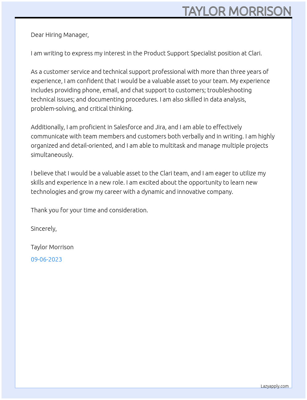 Product Support Specialist At Clari Cover Letter