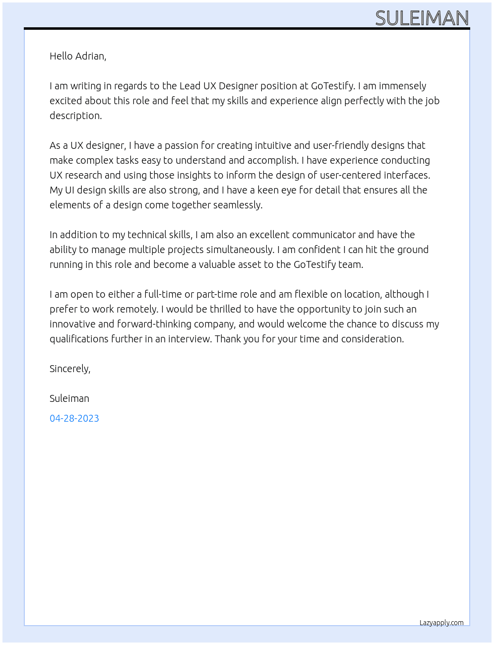 Lead UX Designer At GoTestify Cover Letter