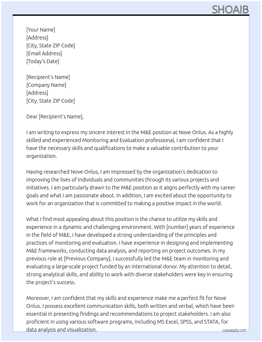 M&E At Nove Onlus Cover Letter
