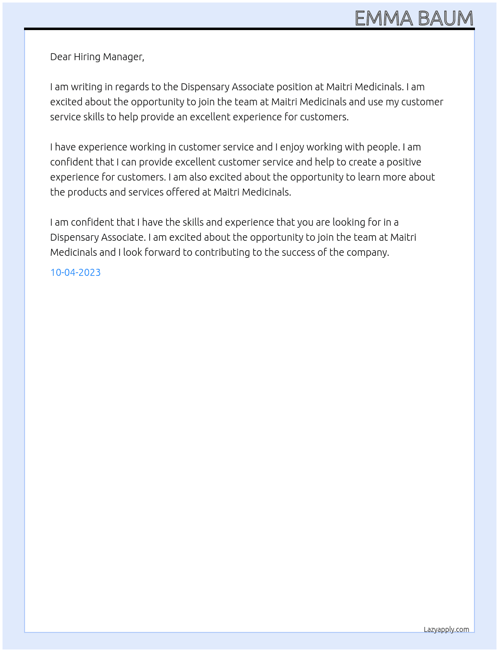 Dispensary Associate At Maitri Medicinals Cover Letter