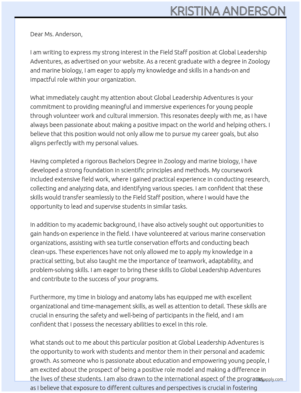 Field Staff At Global Leadership Adventures Cover Letter