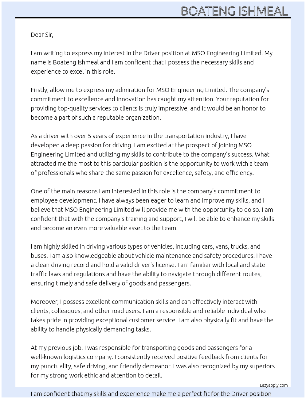 Driver At MSO Engineering Limited  Cover Letter
