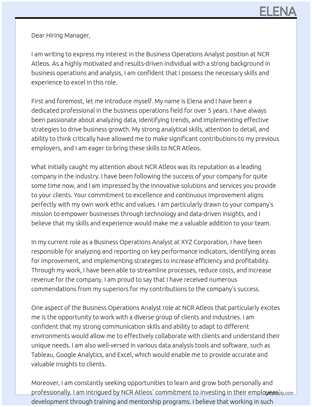 Business Operations Analyst At NCR Atleos Cover Letter