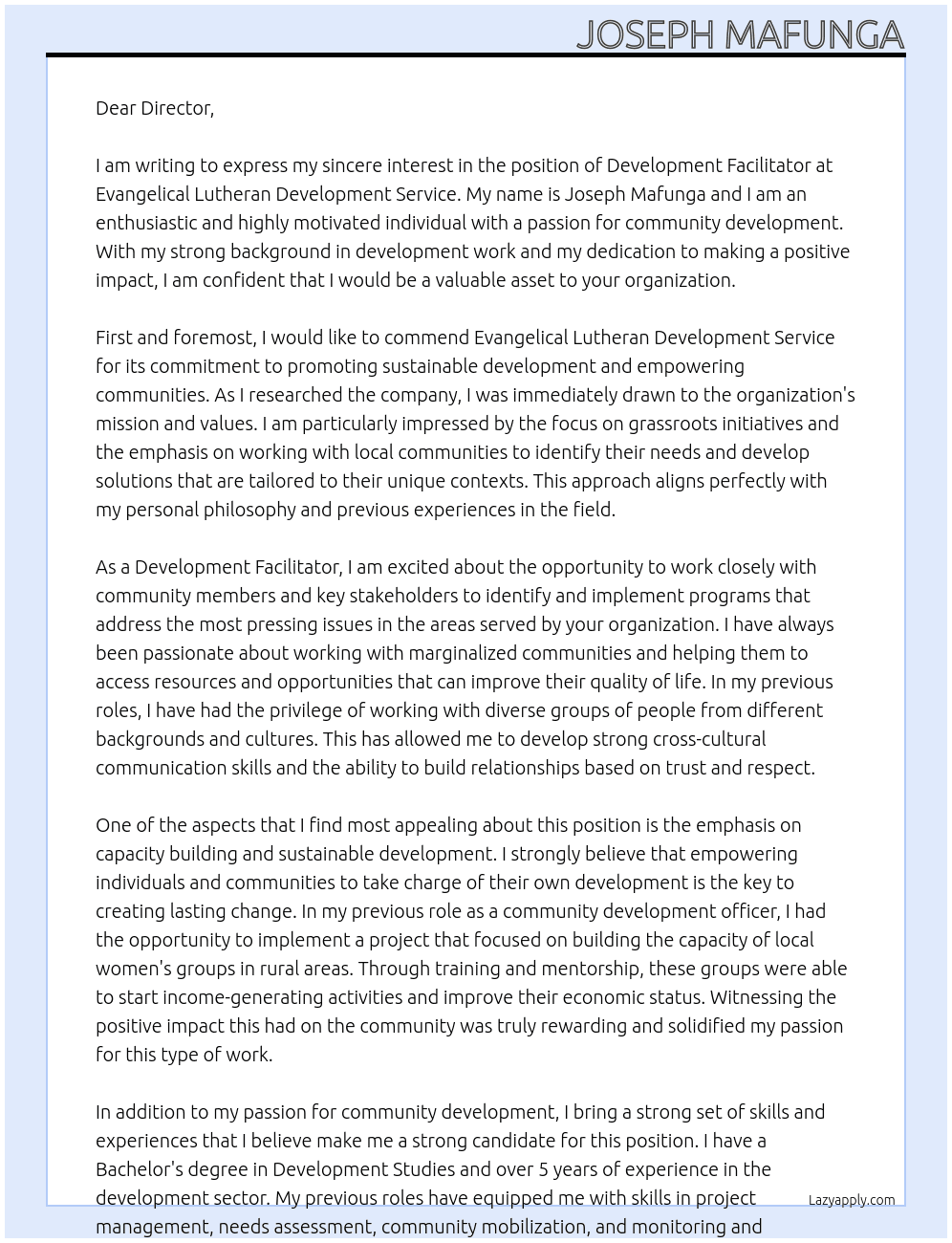 Development Facilitator At Evangelical Lutheran Development Service  Cover Letter