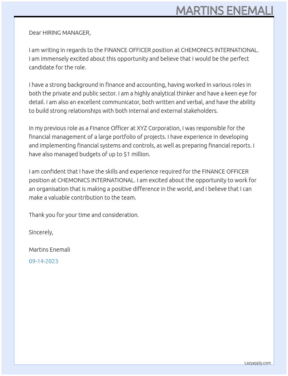 FINANCE OFFICER At CHEMONICS INTERNATIONAL Cover Letter