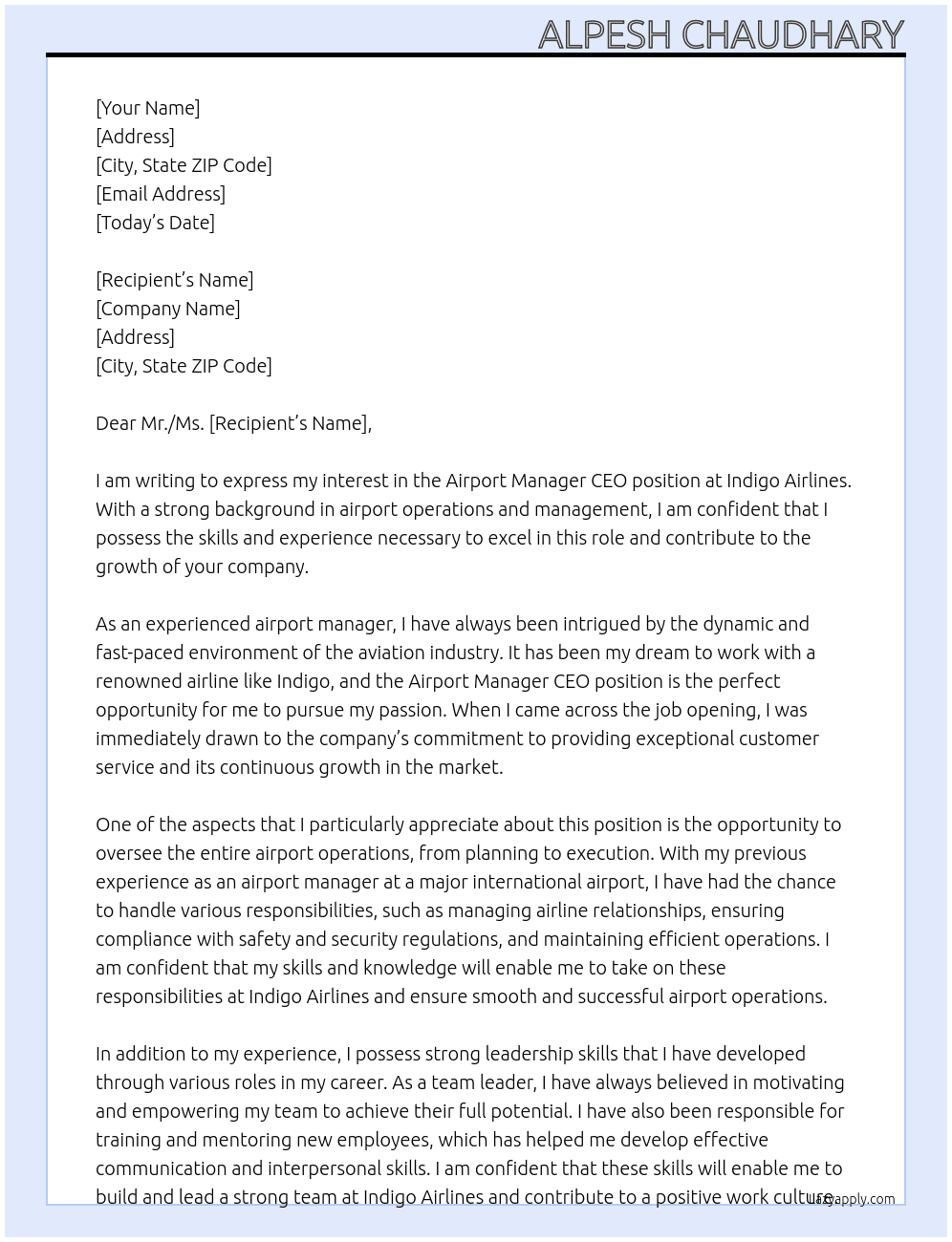 Airport At Indigo Airlines Cover Letter