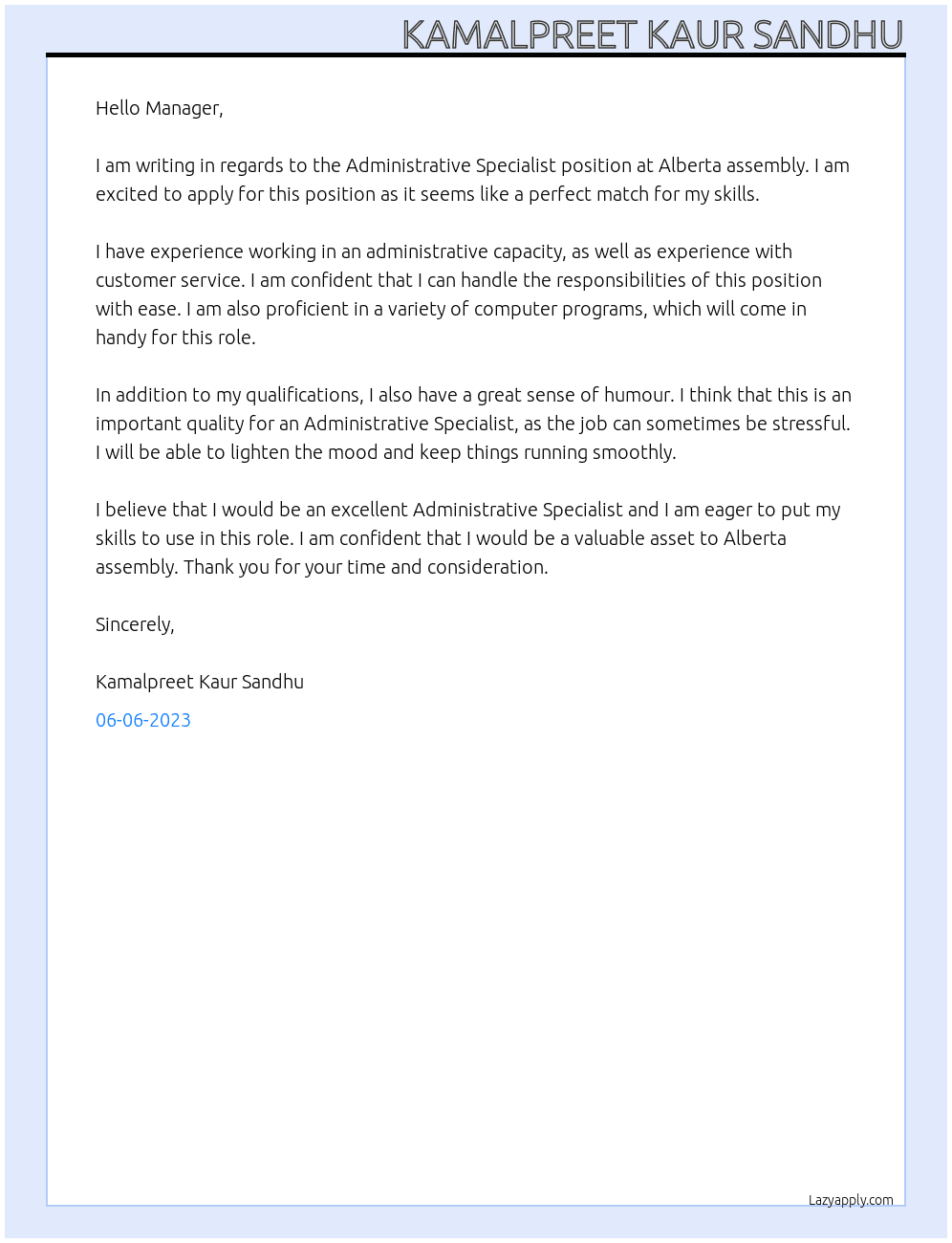 Administrative Specialist At Alberta assembly Cover Letter