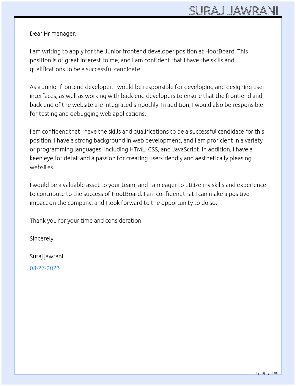 Junior frontend developer At HootBoard  Cover Letter