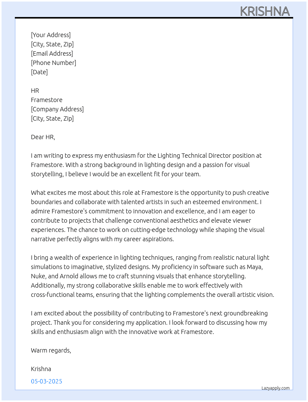 Lighting TD At Framestore Cover Letter