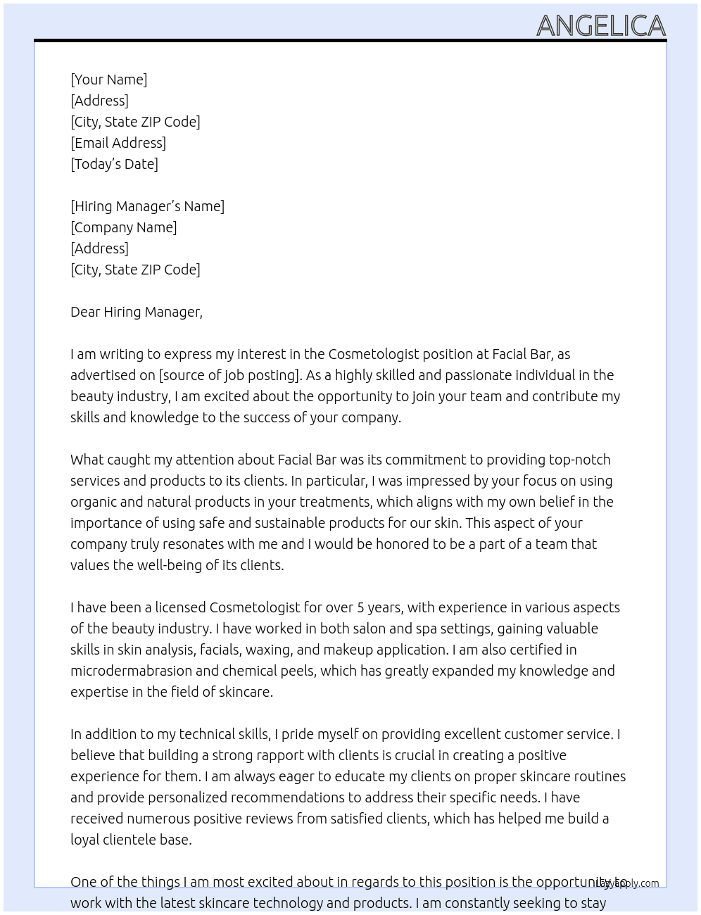 Cosmetologist  At Facial Bar Cover Letter