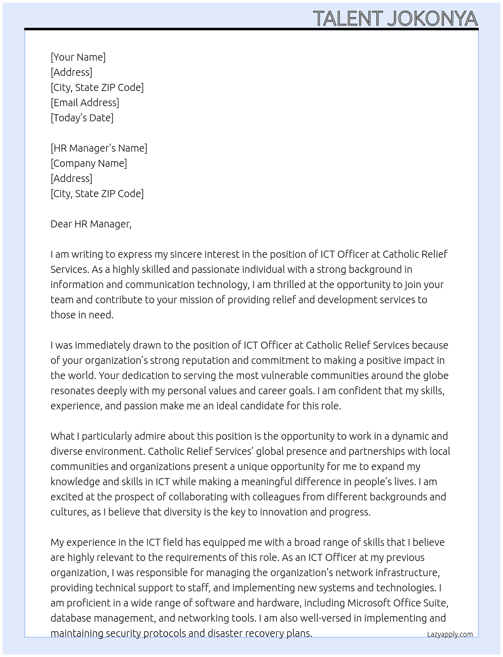 ICT OFFICER At Catholic Relief Services Cover Letter