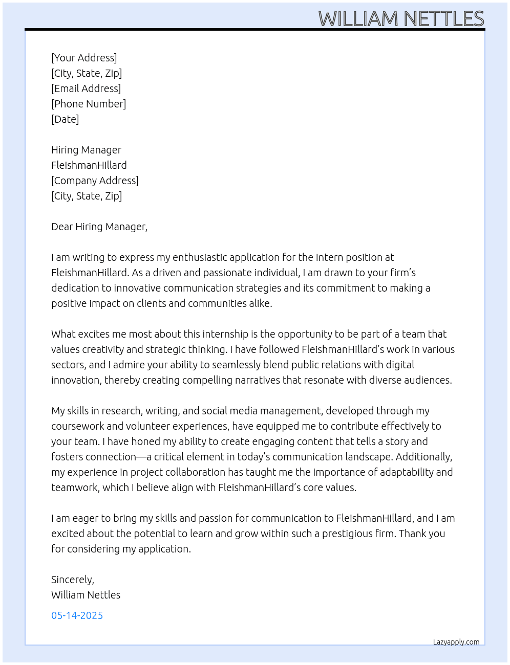 Intern At FleishmanHillard Cover Letter