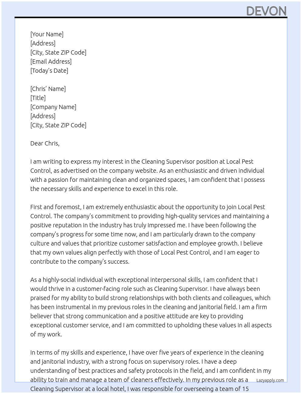 Cleaning Supervisor At Local Pest Control Cover Letter