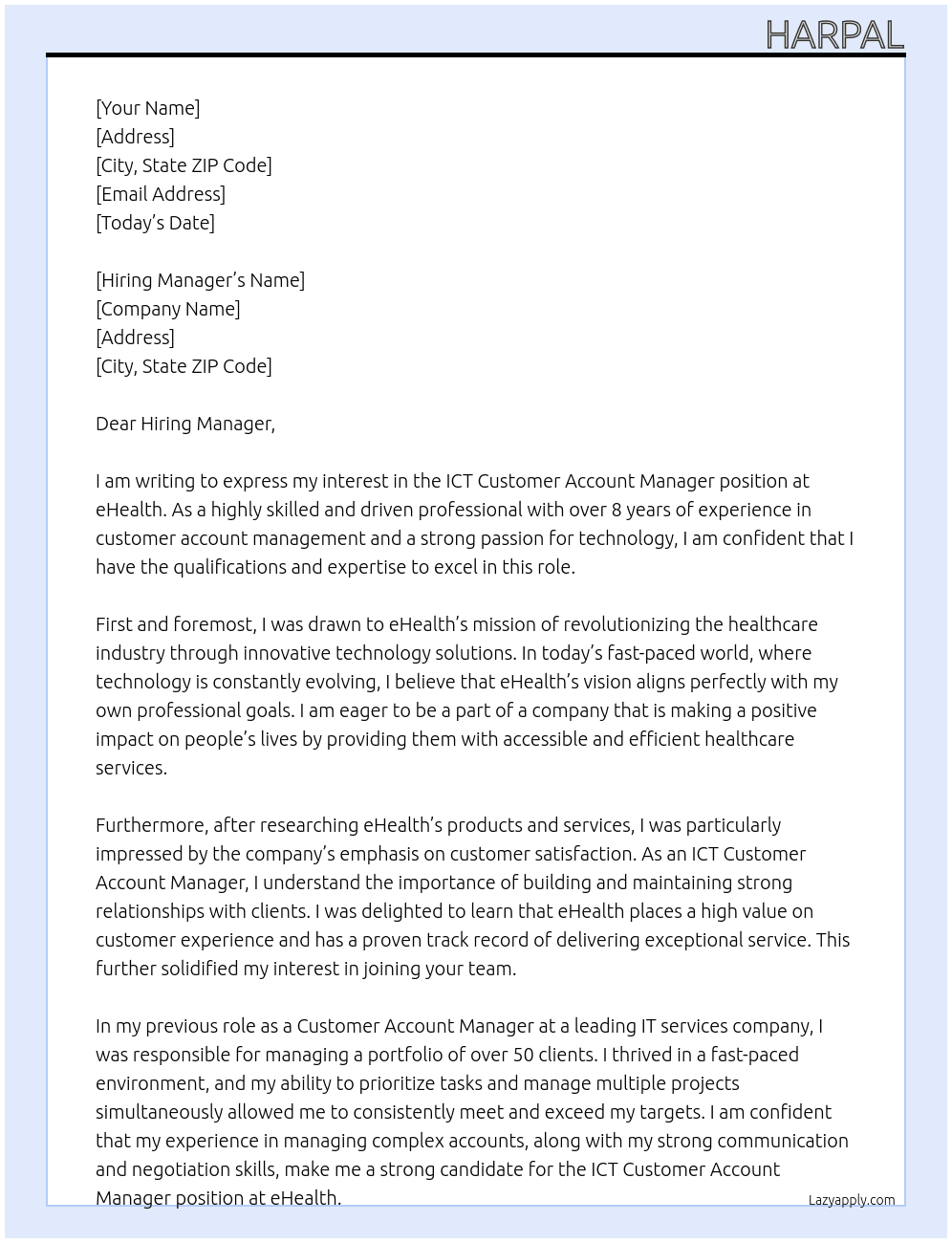 ICT Customer Account Manager At eHealth Cover Letter