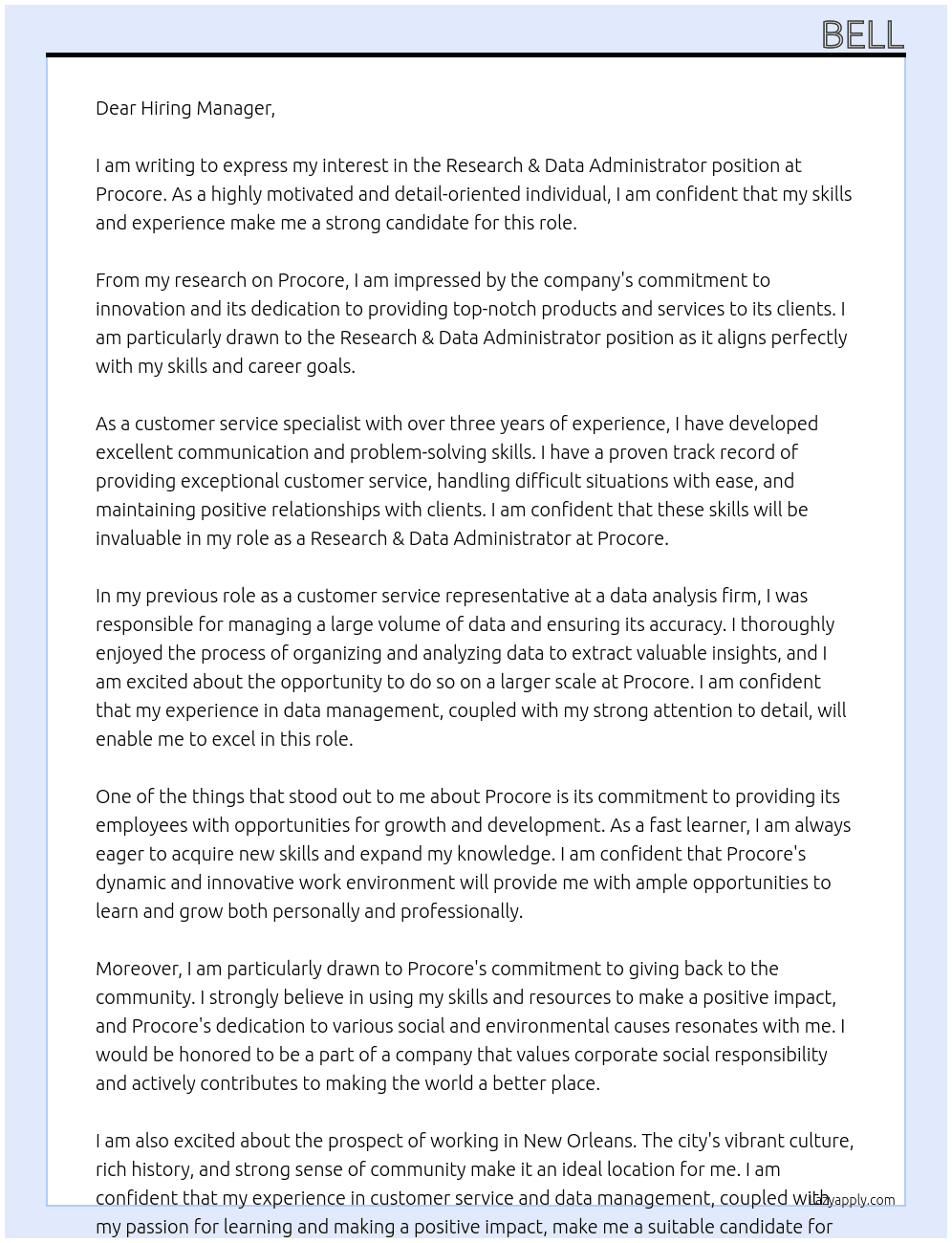 Research & Data Administrator  At Procore Cover Letter