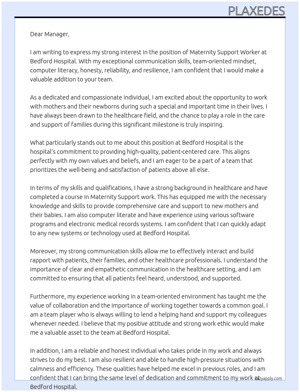 Maternity Support Worker At bedford hospital Cover Letter