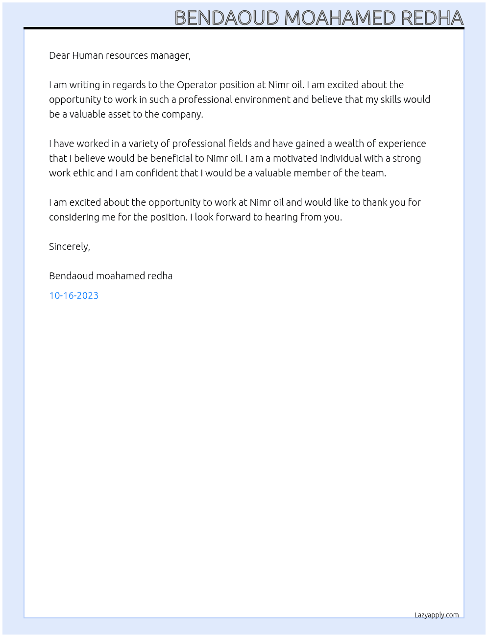 Operator At Nimr oil  Cover Letter