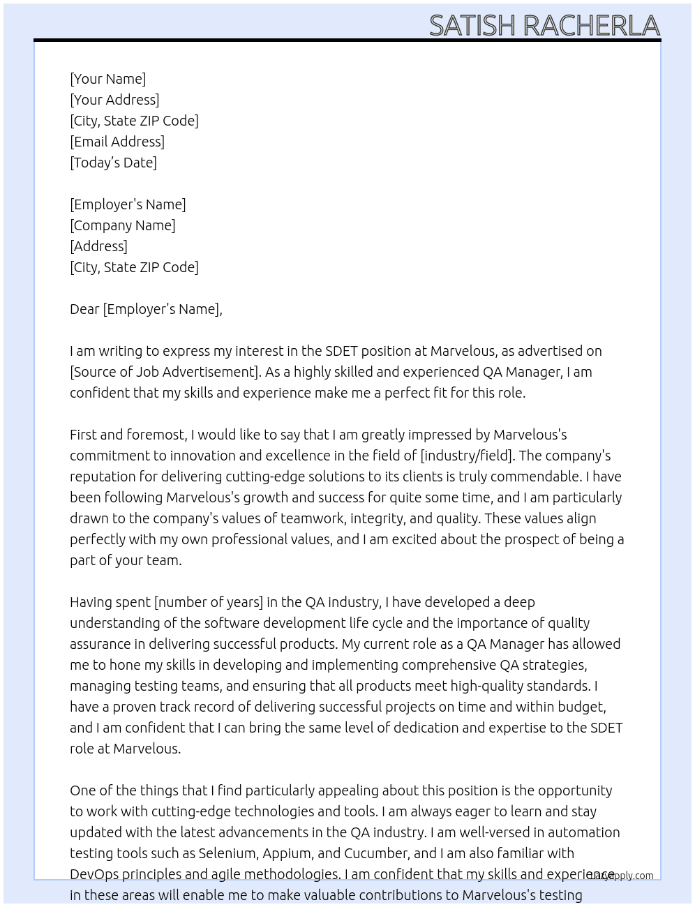 SDET At Marvelous Cover Letter