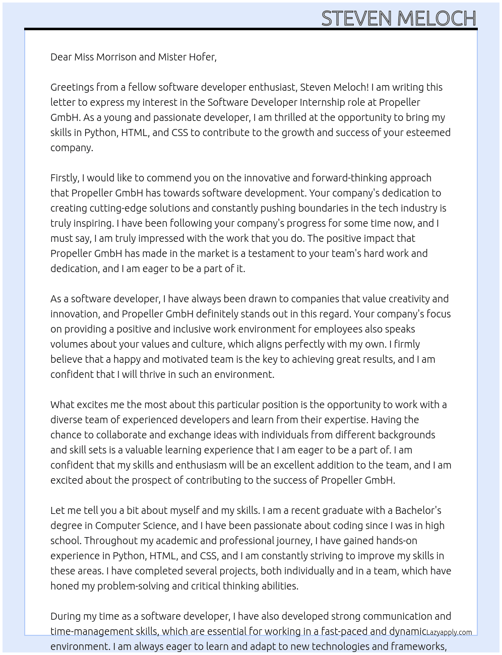 Software developer At Propeller GmbH Cover Letter