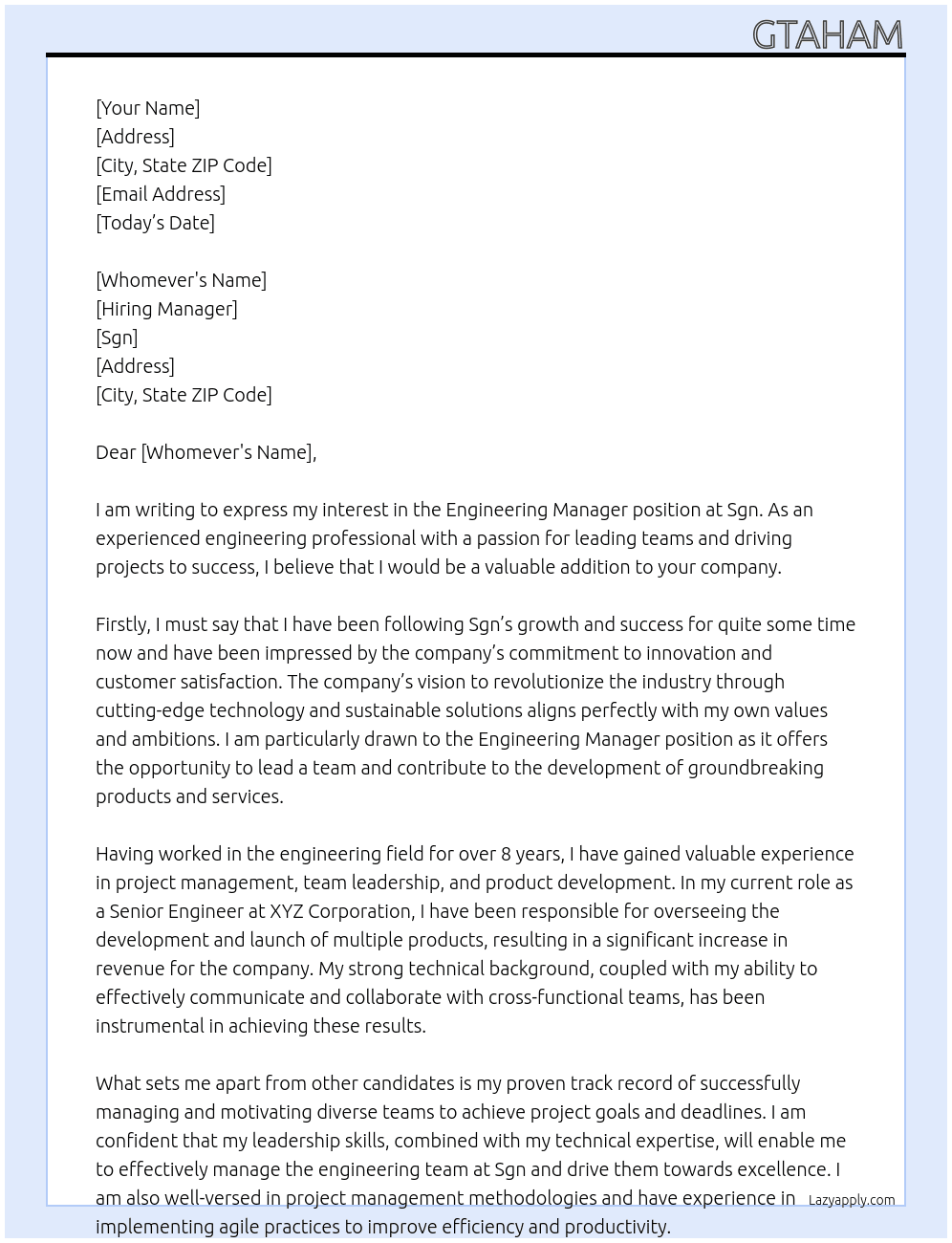 Engineering manager At Sgn Cover Letter
