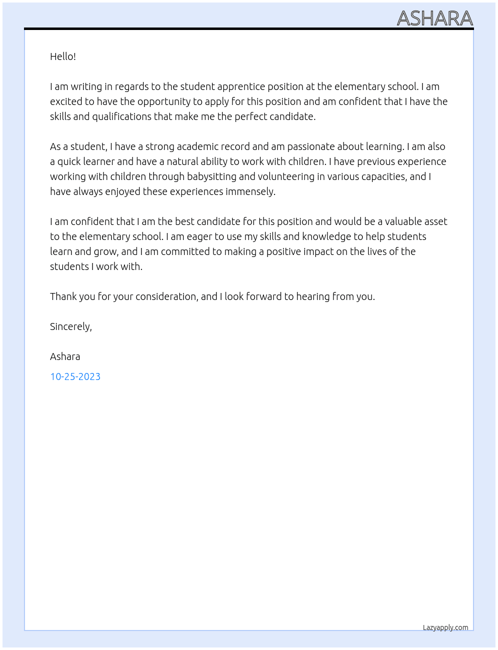 tudent apprentice At elementray school Cover Letter
