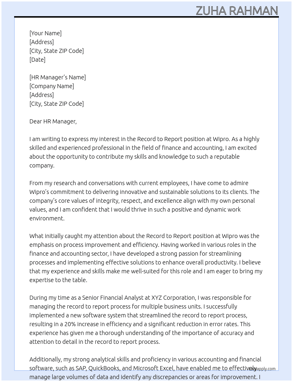 Record to Report At Wipro Cover Letter