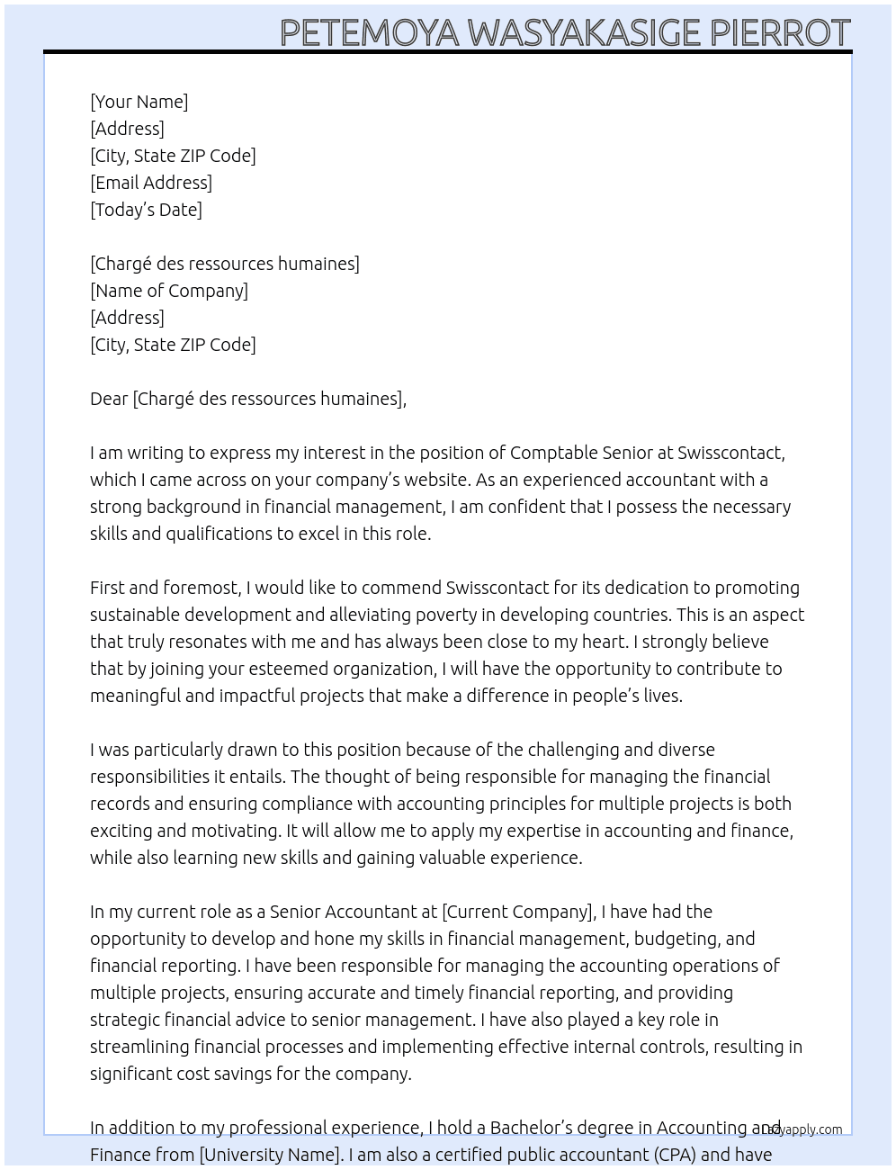 Comptable Senior At SWISSCONTACT Cover Letter