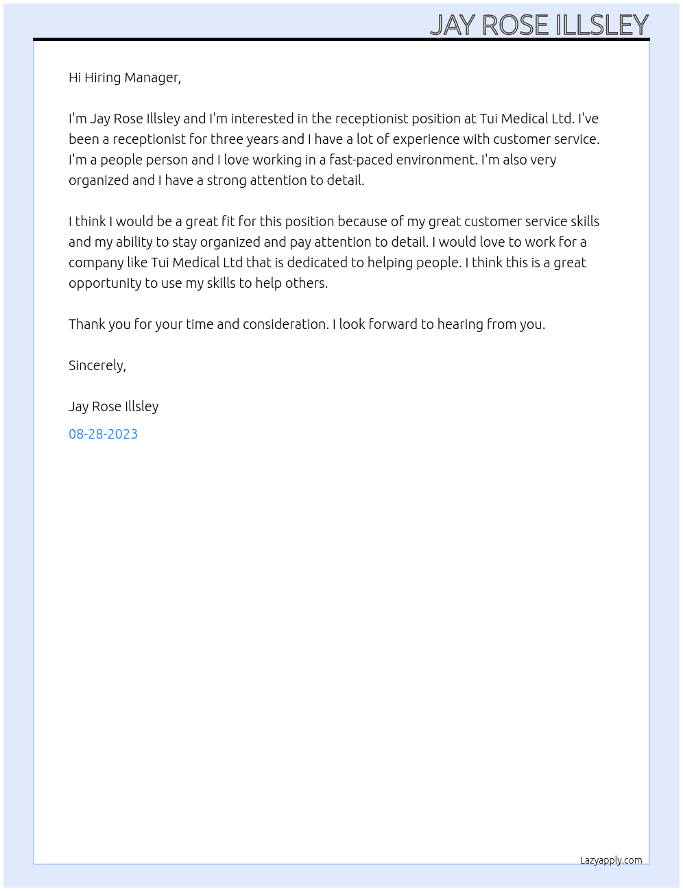 Receptionist At Tui Medical Ltd Cover Letter