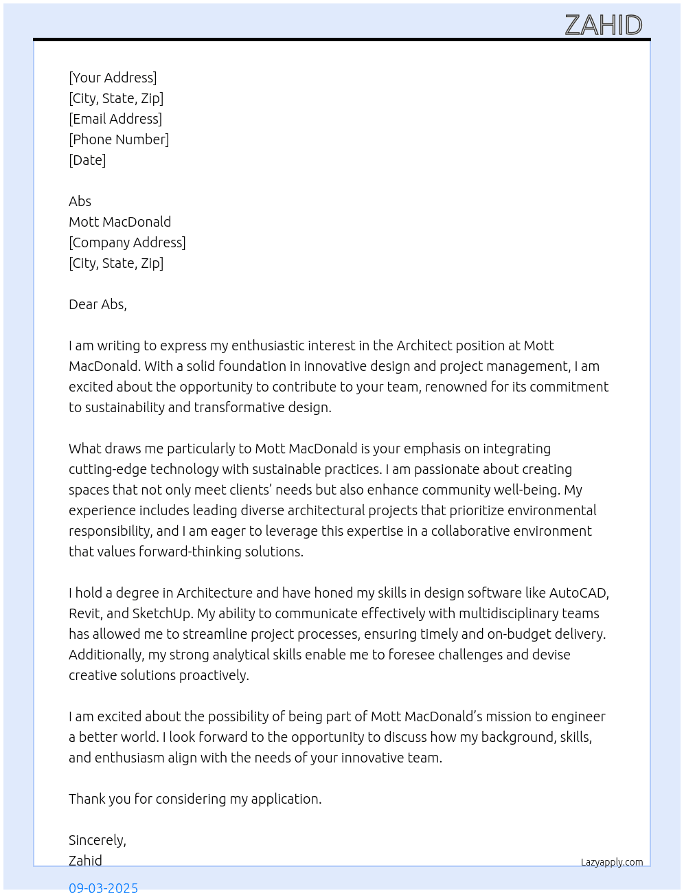 Architect  At Mott MacDonald  Cover Letter