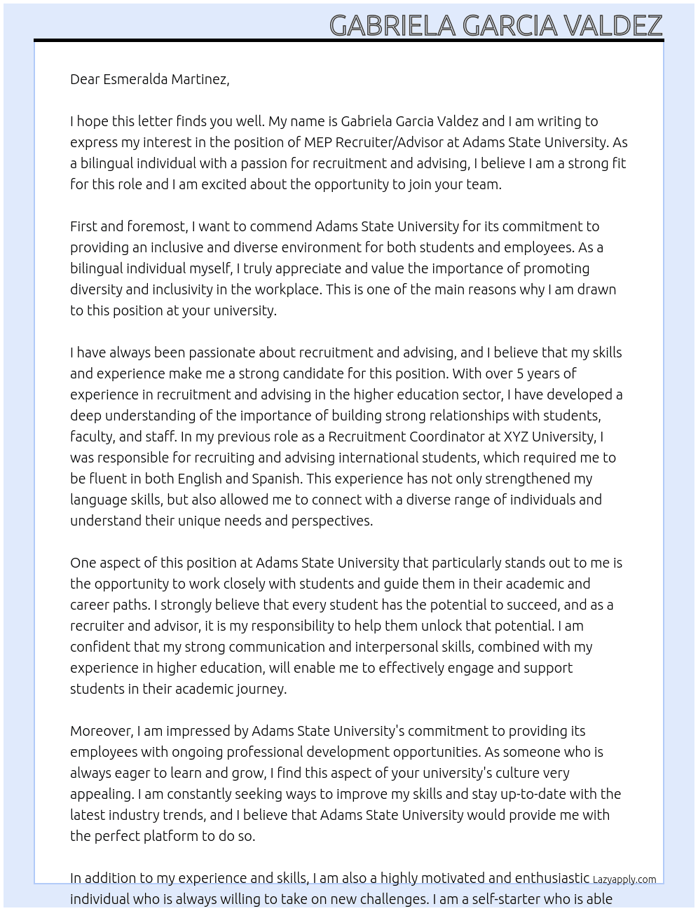 MEP Recruiter/Advisor At Adams State University  Cover Letter