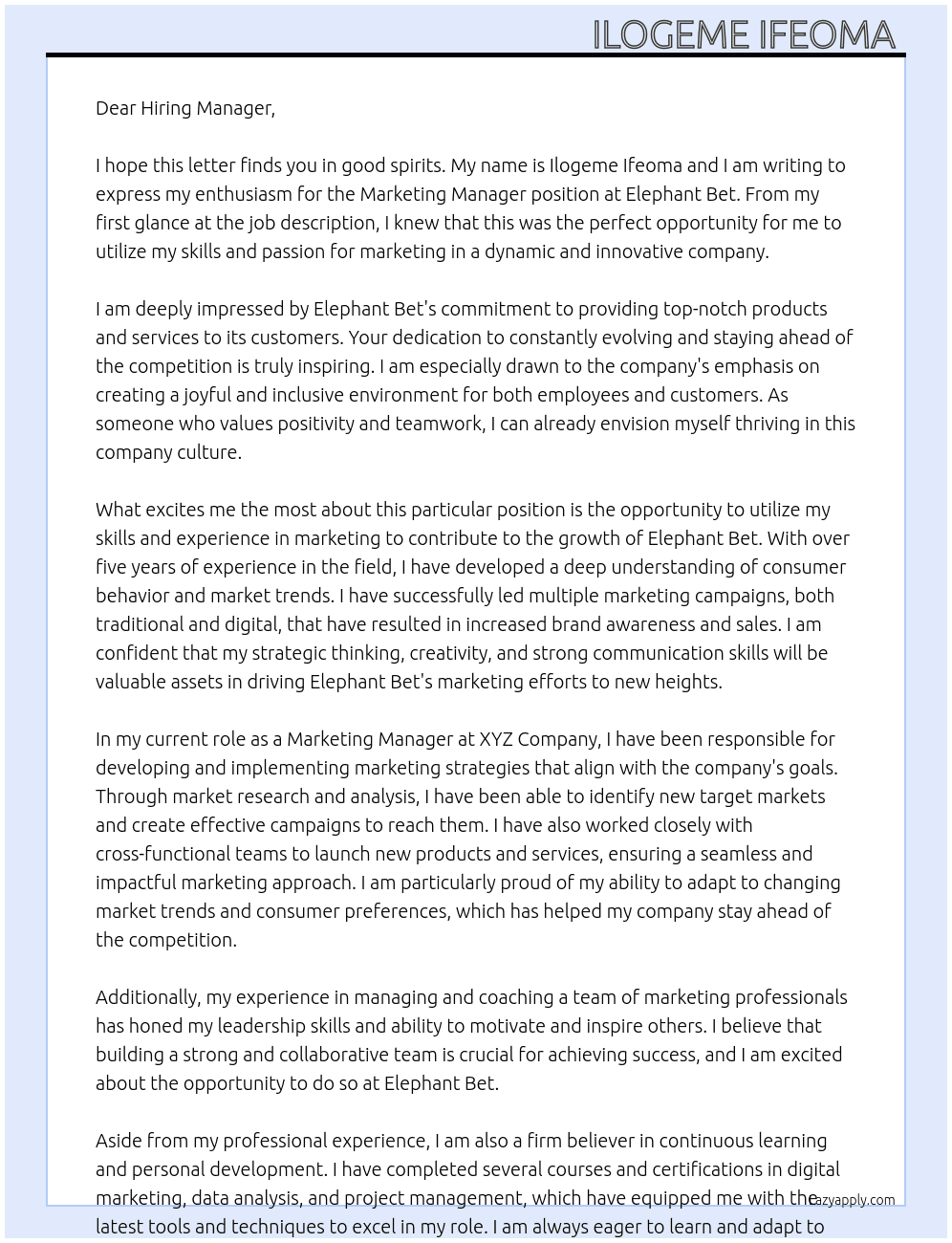 Marketing manager  At Elephant bet  Cover Letter