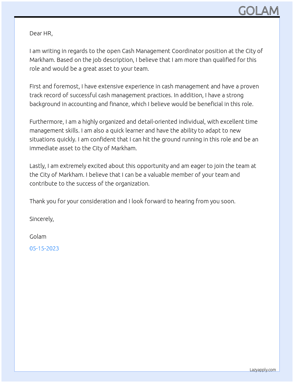 Cash Management Coordinator At City of Markham Cover Letter