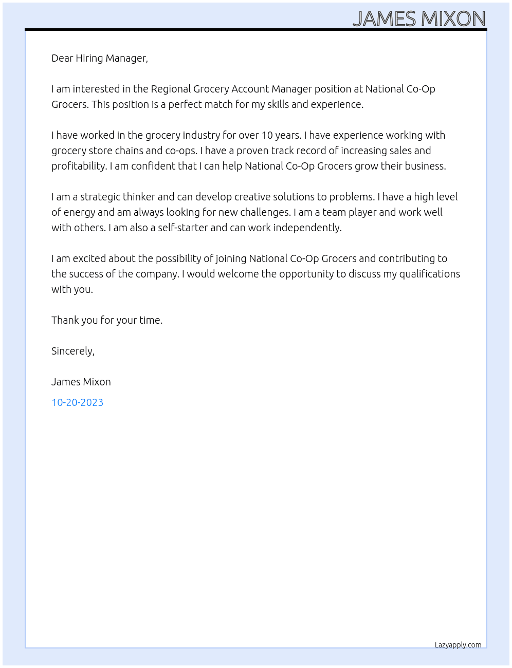 Regional Grocery Account Manager At National Co-Op Grocers Cover Letter