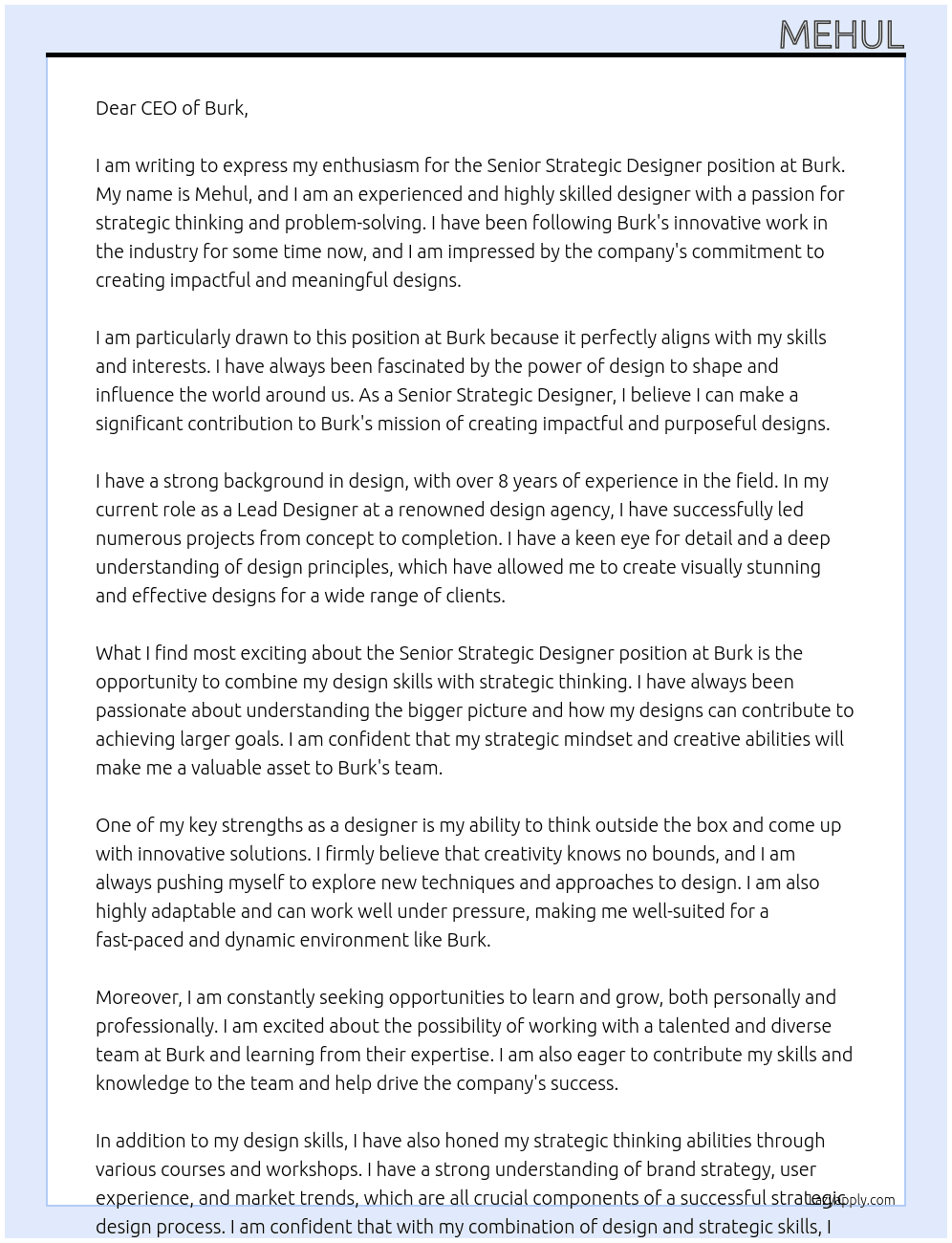 Senior Strategic Designer At burk Cover Letter