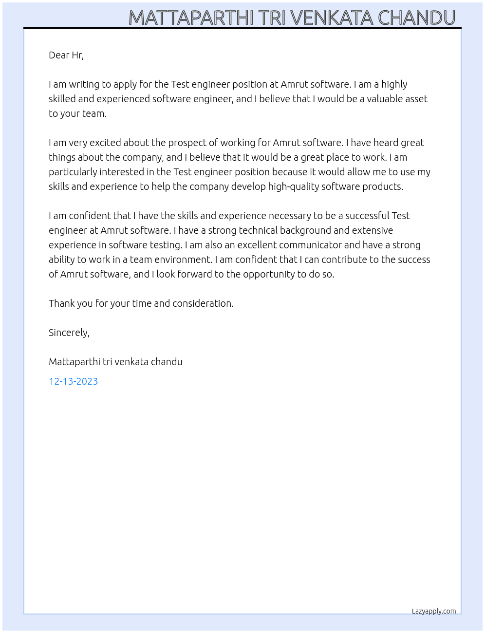 Test engineer  At Amrut software  Cover Letter
