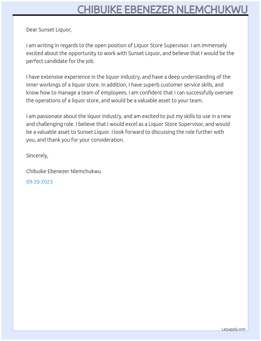 Liquor Store Supervisor At SUNSET LIQUOR Cover Letter