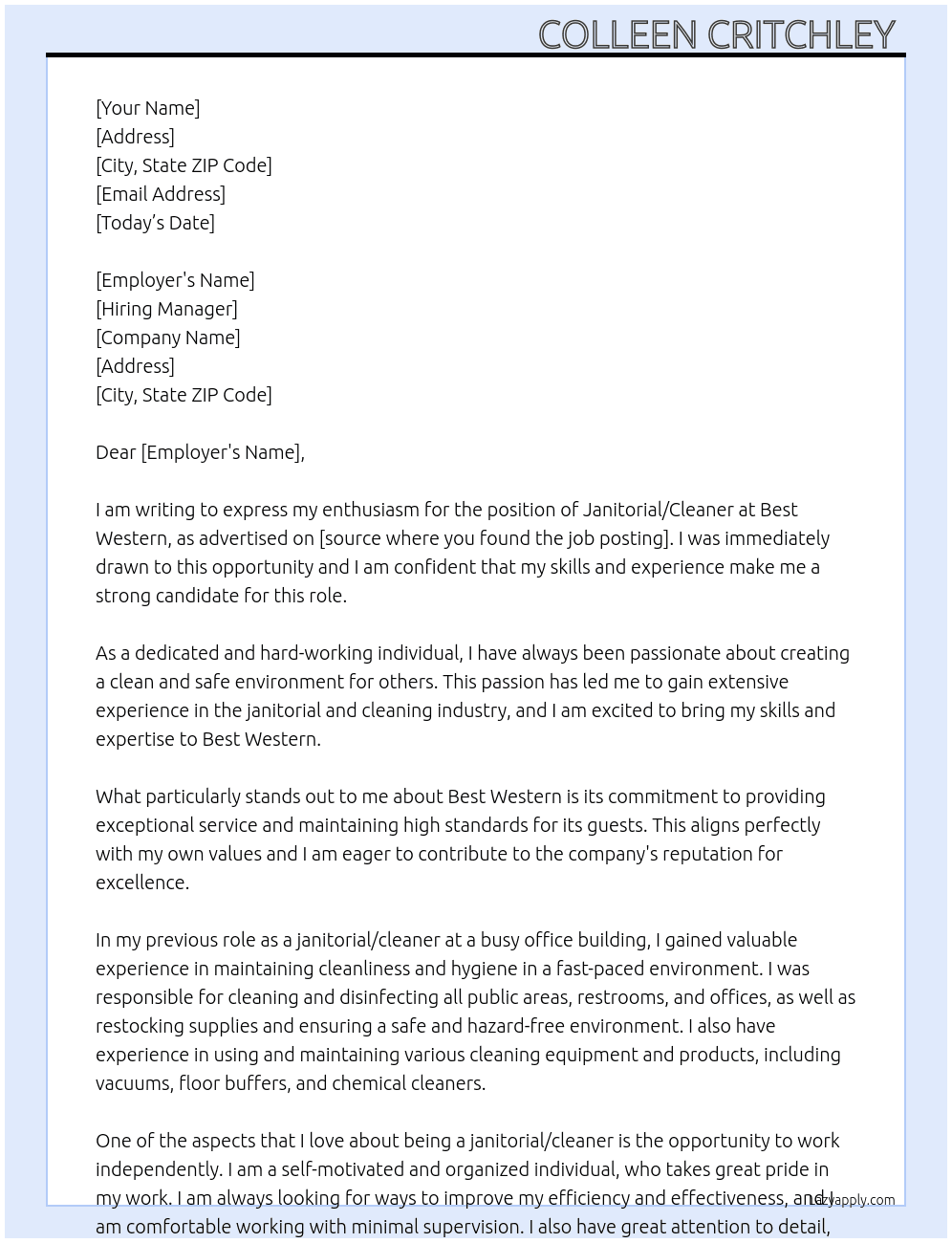 Janitorial/Cleaner  At Best Western  Cover Letter