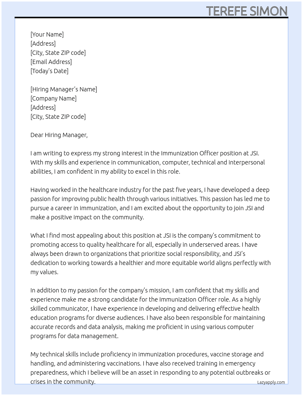 Immunization Officer At JSI Cover Letter