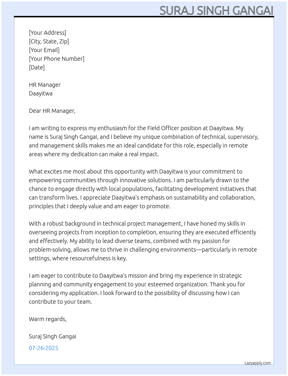 Field officer At Daayitwa Cover Letter