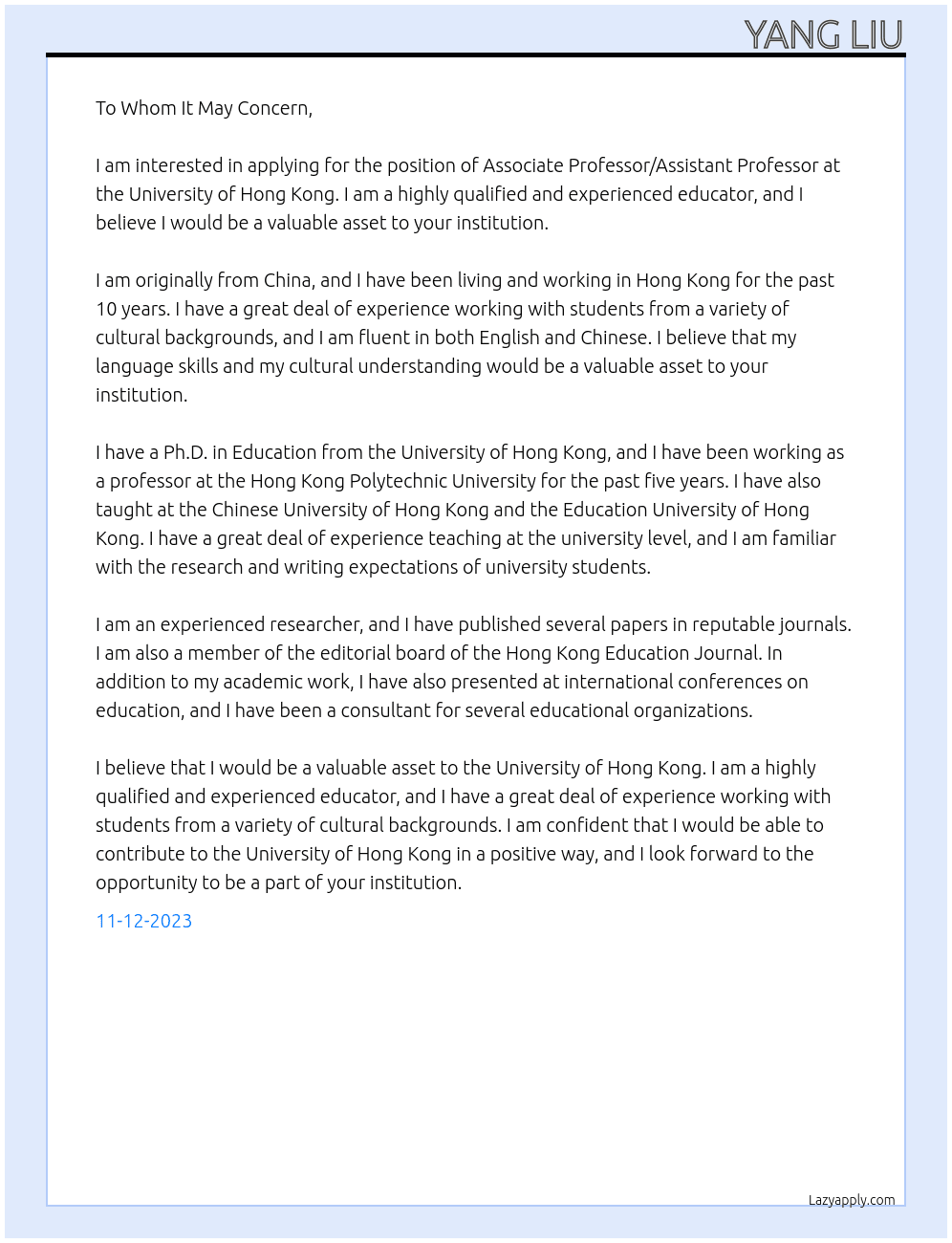 Associate Professor/Assistant Professor At University of Hong Kong Cover Letter
